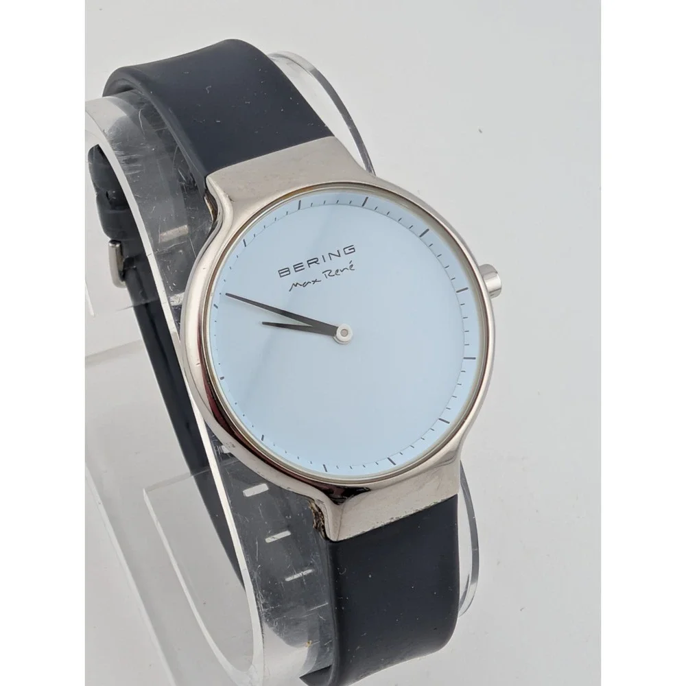 Bering Max Rene Watch Women 31mm Silver Case Gray Silicone Band-‎ New Battery